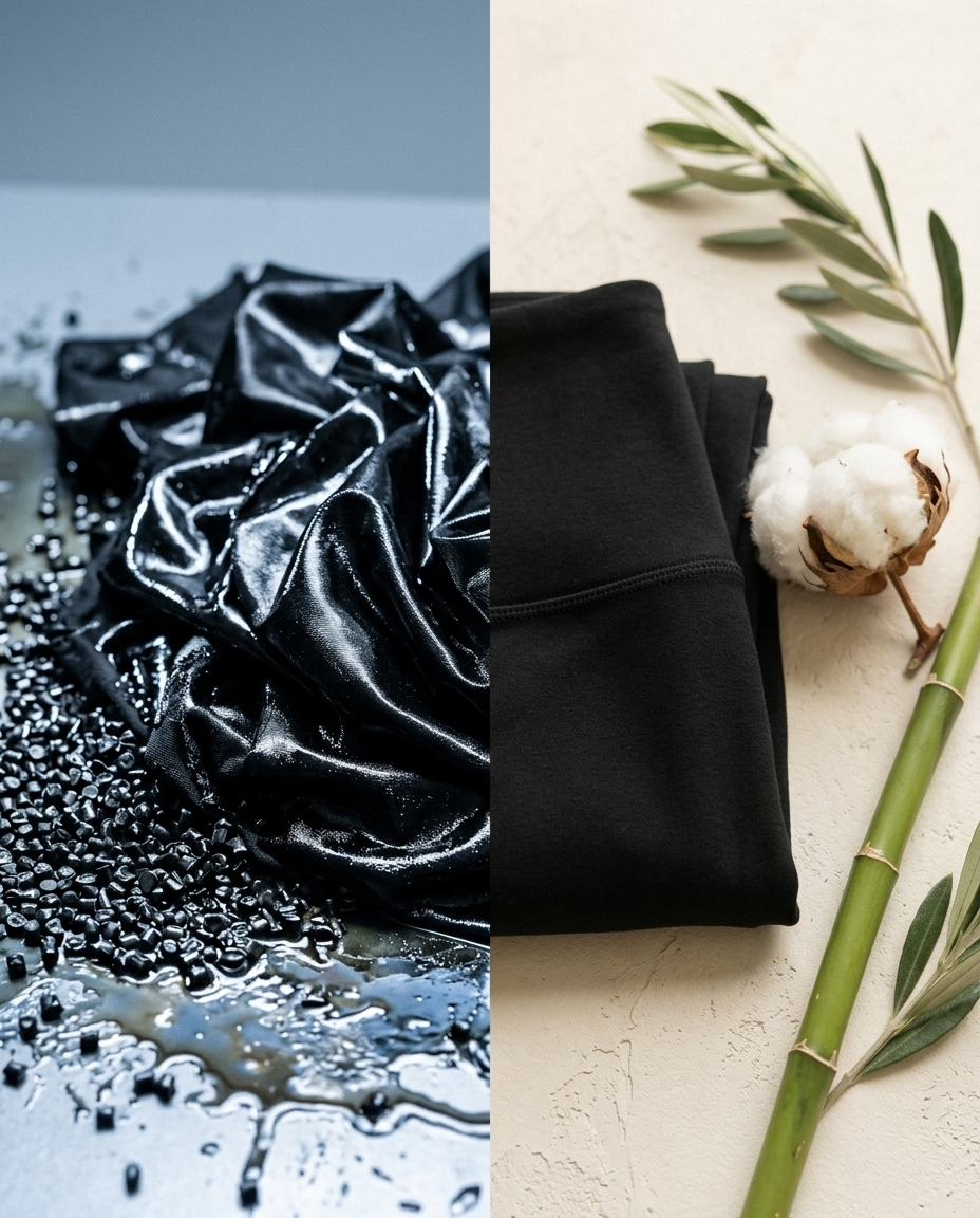 Synthetic plastic activewear fabric versus Omana organic cotton and bamboo fabric